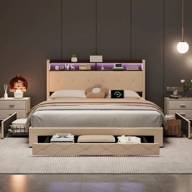 Javlergo Bed Frame with 4 Storage Drawers & Charging Station, Upholstered Platform Bed with Storage Headboard and LED Light
