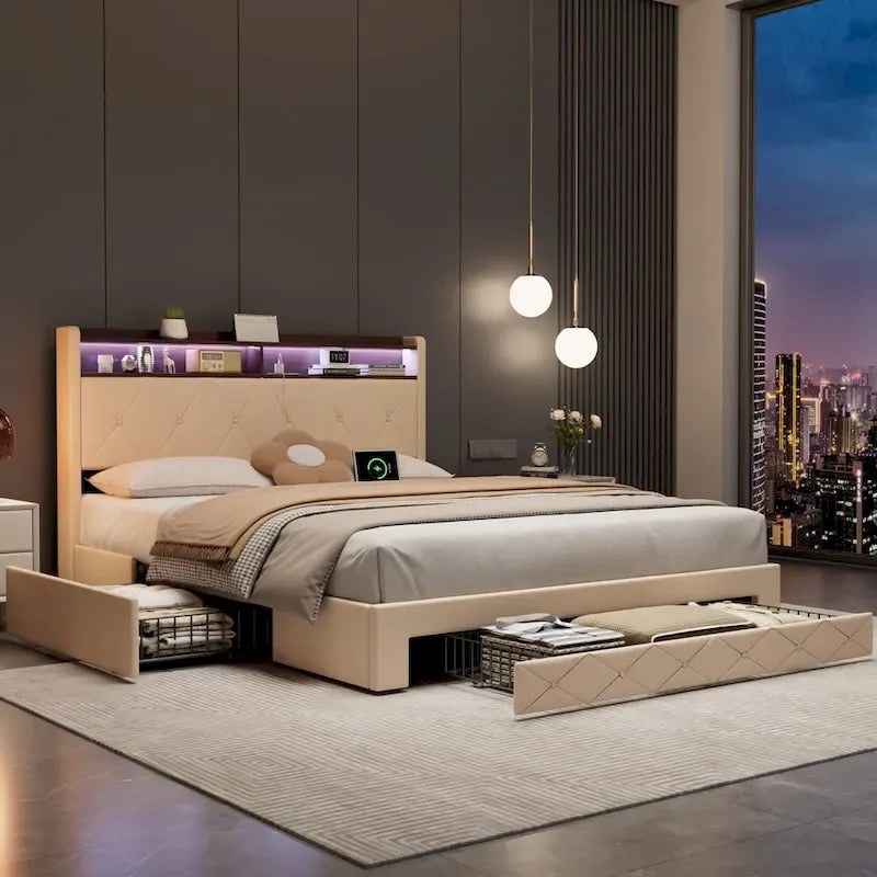 Javlergo Bed Frame with 4 Storage Drawers & Charging Station, Upholstered Platform Bed with Storage Headboard and LED Light