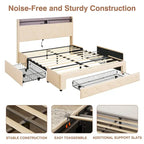 Javlergo Bed Frame with 4 Storage Drawers & Charging Station, Upholstered Platform Bed with Storage Headboard and LED Light