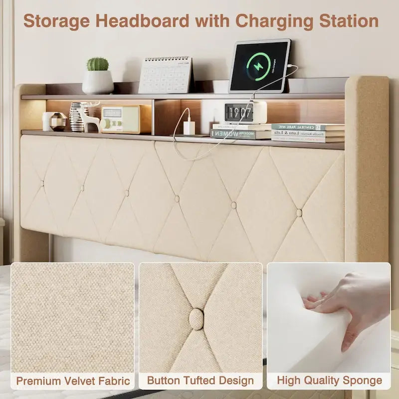 Javlergo Bed Frame with 4 Storage Drawers & Charging Station, Upholstered Platform Bed with Storage Headboard and LED Light