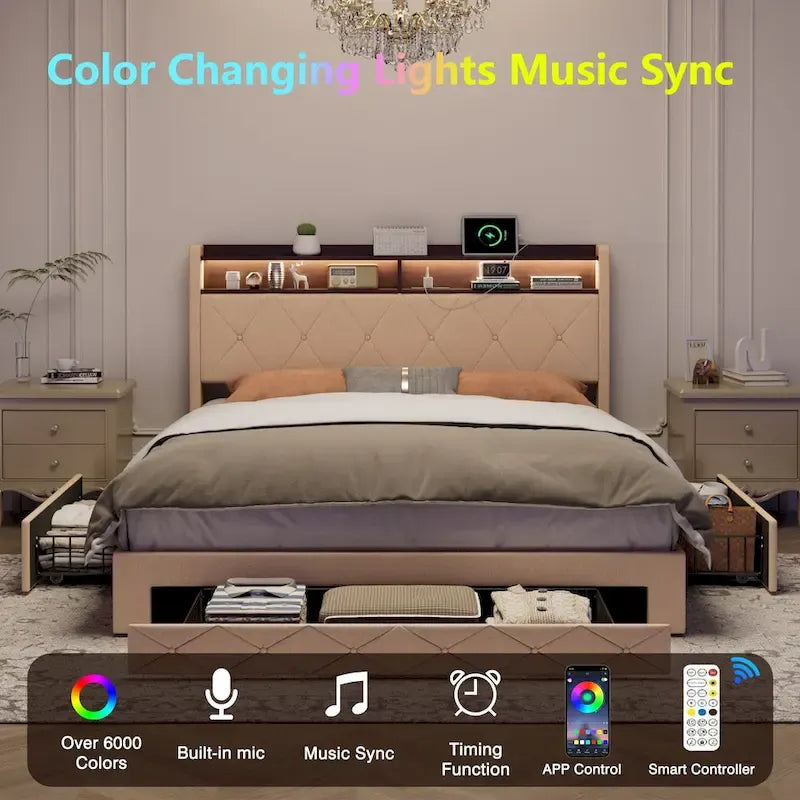Javlergo Bed Frame with 4 Storage Drawers & Charging Station, Upholstered Platform Bed with Storage Headboard and LED Light