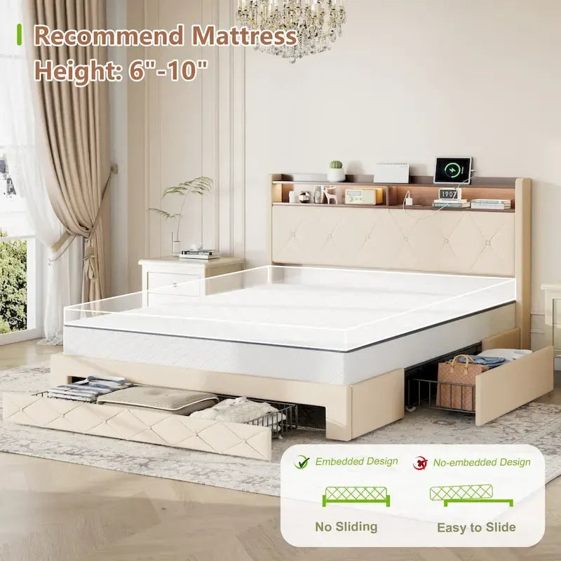 Javlergo Bed Frame with 4 Storage Drawers & Charging Station, Upholstered Platform Bed with Storage Headboard and LED Light