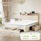 Javlergo Bed Frame with 4 Storage Drawers & Charging Station, Upholstered Platform Bed with Storage Headboard and LED Light