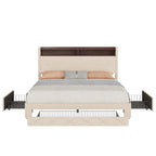Javlergo Bed Frame with 4 Storage Drawers & Charging Station, Upholstered Platform Bed with Storage Headboard and LED Light
