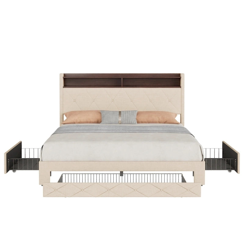 Javlergo Bed Frame with 4 Storage Drawers & Charging Station, Upholstered Platform Bed with Storage Headboard and LED Light
