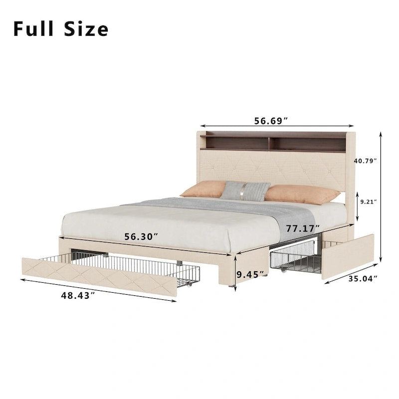 Javlergo Bed Frame with 4 Storage Drawers & Charging Station, Upholstered Platform Bed with Storage Headboard and LED Light