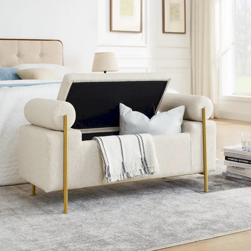 GDFStudio - Harper Linen Upholstered Storage Bench with Cylindrical Arms and Gold Metal Legs