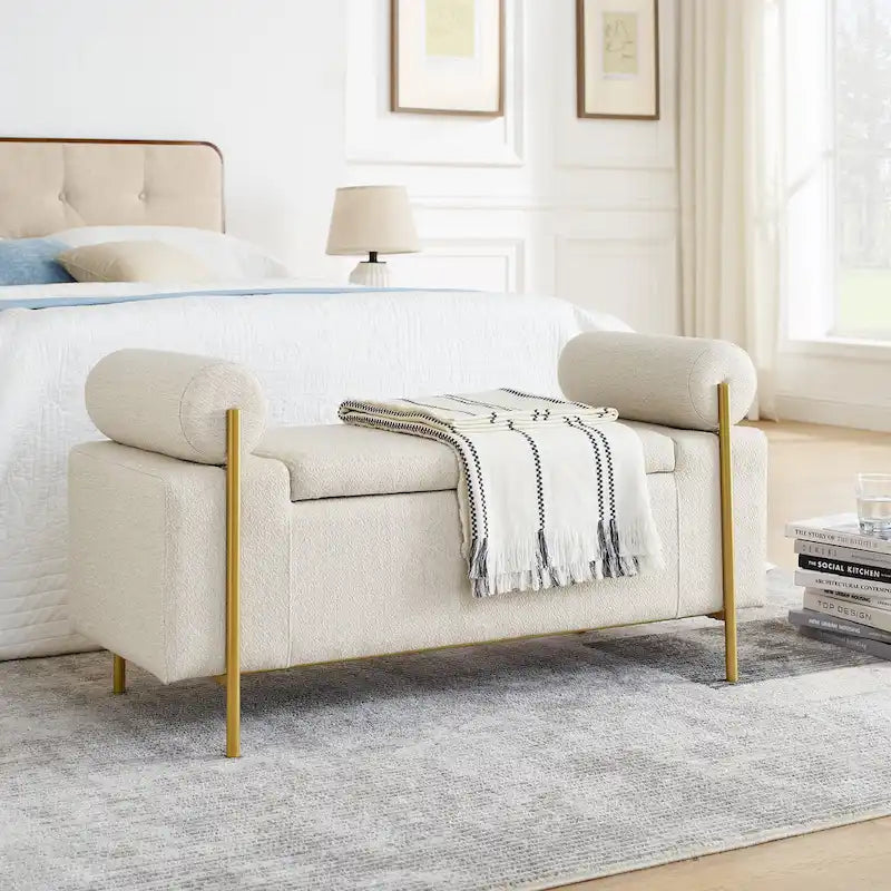GDFStudio - Harper Linen Upholstered Storage Bench with Cylindrical Arms and Gold Metal Legs