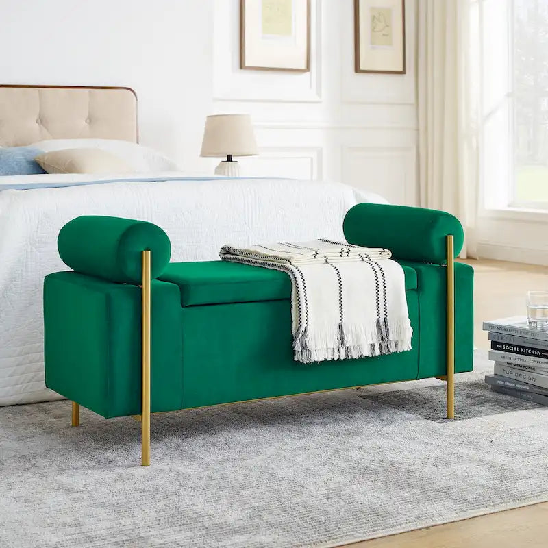 GDFStudio - Harper Linen Upholstered Storage Bench with Cylindrical Arms and Gold Metal Legs