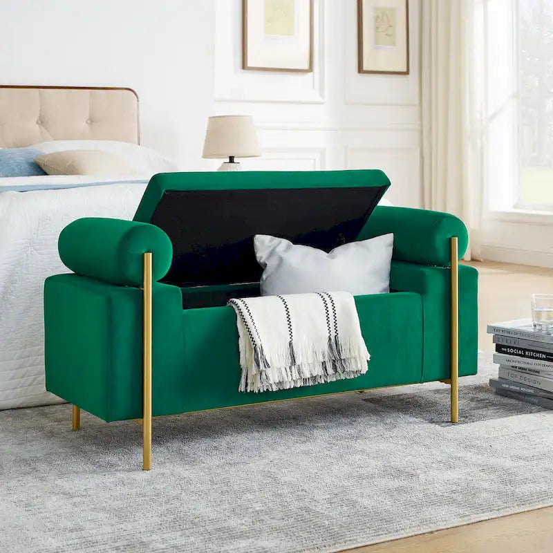 GDFStudio - Harper Linen Upholstered Storage Bench with Cylindrical Arms and Gold Metal Legs