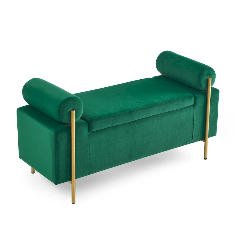GDFStudio - Harper Linen Upholstered Storage Bench with Cylindrical Arms and Gold Metal Legs