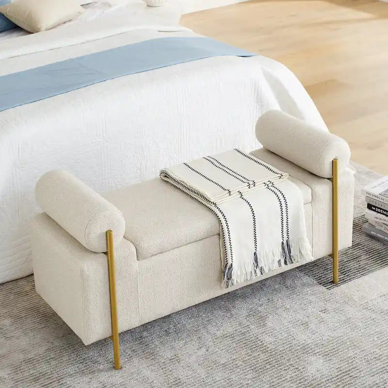 GDFStudio - Harper Linen Upholstered Storage Bench with Cylindrical Arms and Gold Metal Legs