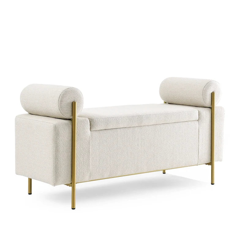 GDFStudio - Harper Linen Upholstered Storage Bench with Cylindrical Arms and Gold Metal Legs
