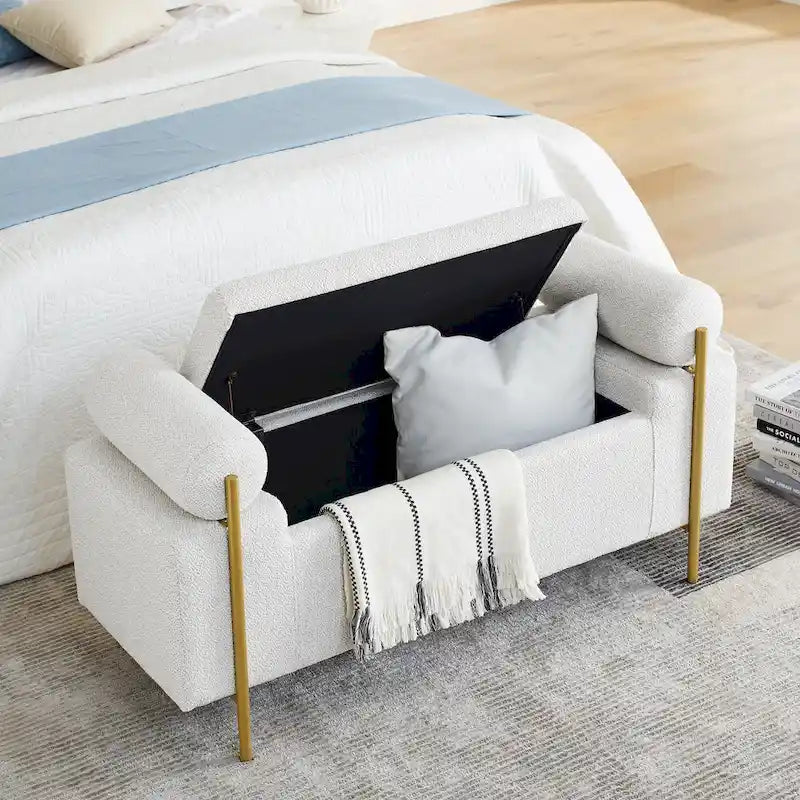 GDFStudio - Harper Linen Upholstered Storage Bench with Cylindrical Arms and Gold Metal Legs
