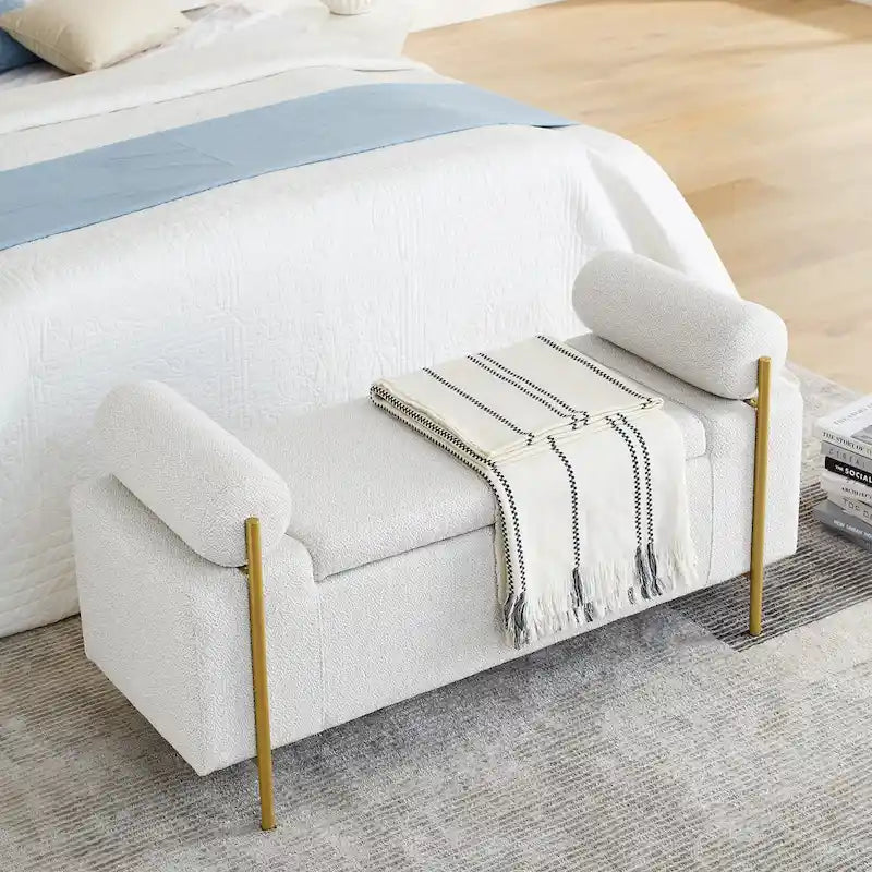 GDFStudio - Harper Linen Upholstered Storage Bench with Cylindrical Arms and Gold Metal Legs