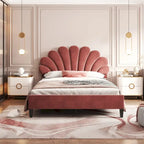 Classic Full Size Platform Bed Soft Velvet Upholstered Bed Frame with Flower Pattern Headboard, NO Box Spring Required
