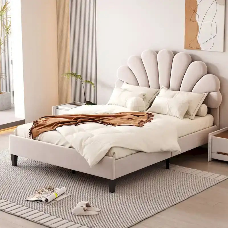 Classic Full Size Platform Bed Soft Velvet Upholstered Bed Frame with Flower Pattern Headboard, NO Box Spring Required