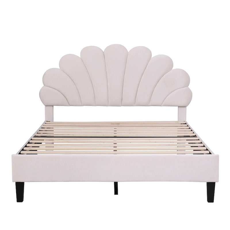 Classic Full Size Platform Bed Soft Velvet Upholstered Bed Frame with Flower Pattern Headboard, NO Box Spring Required