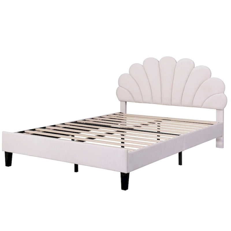 Classic Full Size Platform Bed Soft Velvet Upholstered Bed Frame with Flower Pattern Headboard, NO Box Spring Required