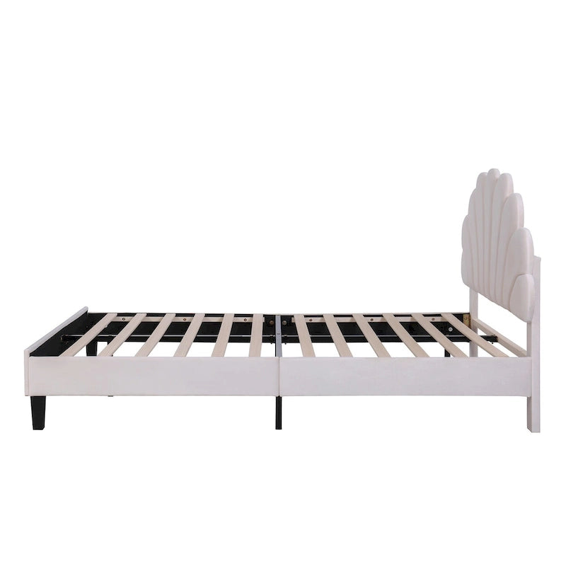 Classic Full Size Platform Bed Soft Velvet Upholstered Bed Frame with Flower Pattern Headboard, NO Box Spring Required