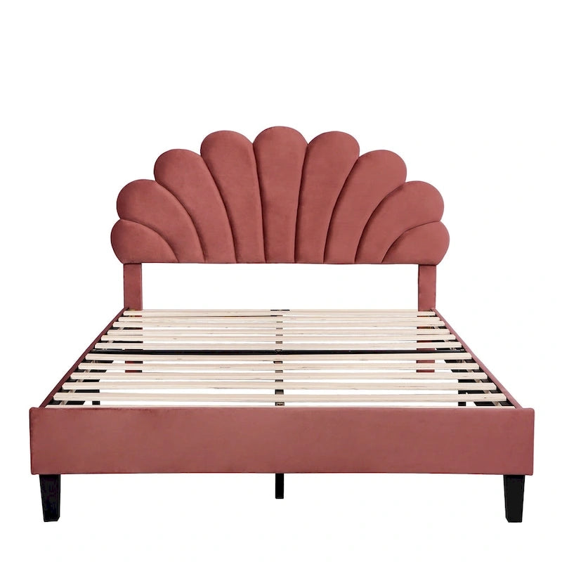 Classic Full Size Platform Bed Soft Velvet Upholstered Bed Frame with Flower Pattern Headboard, NO Box Spring Required