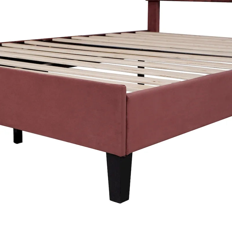 Classic Full Size Platform Bed Soft Velvet Upholstered Bed Frame with Flower Pattern Headboard, NO Box Spring Required