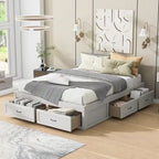 Queen Size Platform Bed with 6 Storage Drawers, Antique White