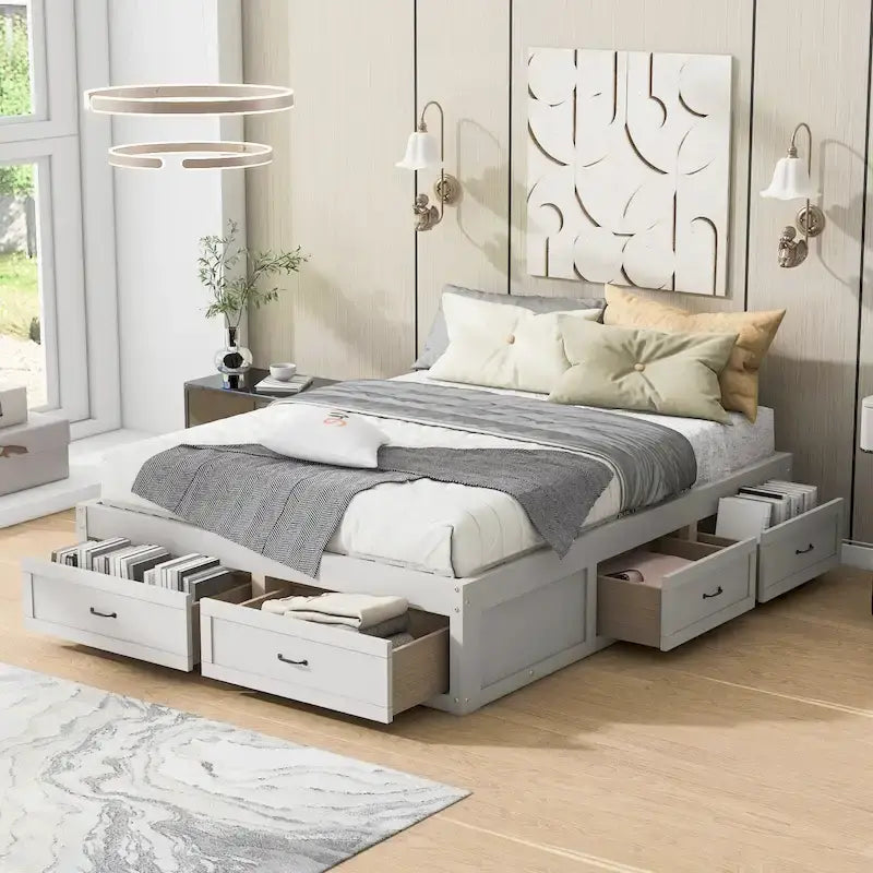 Queen Size Platform Bed with 6 Storage Drawers, Antique White