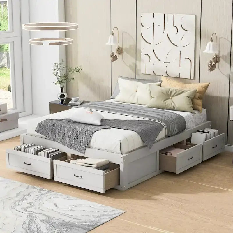 Queen Size Platform Bed with 6 Storage Drawers, Antique White