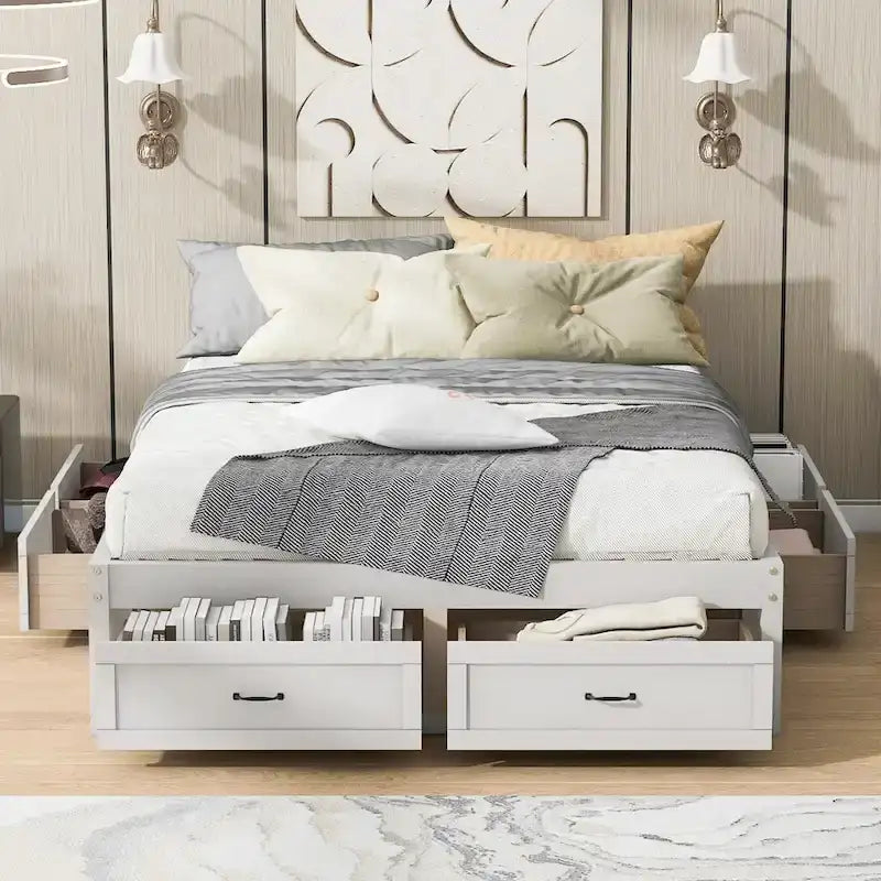 Queen Size Platform Bed with 6 Storage Drawers, Antique White