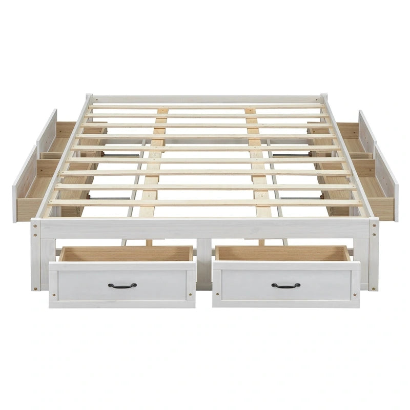 Queen Size Platform Bed with 6 Storage Drawers, Antique White