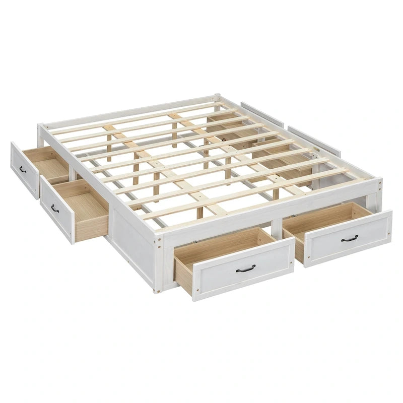 Queen Size Platform Bed with 6 Storage Drawers, Antique White
