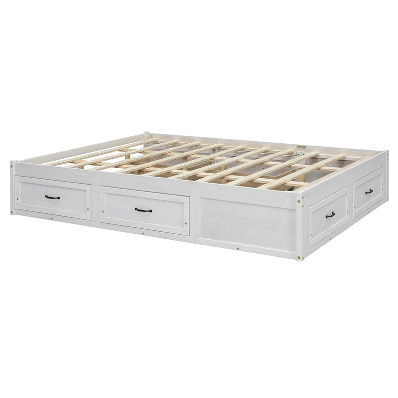 Queen Size Platform Bed with 6 Storage Drawers, Antique White