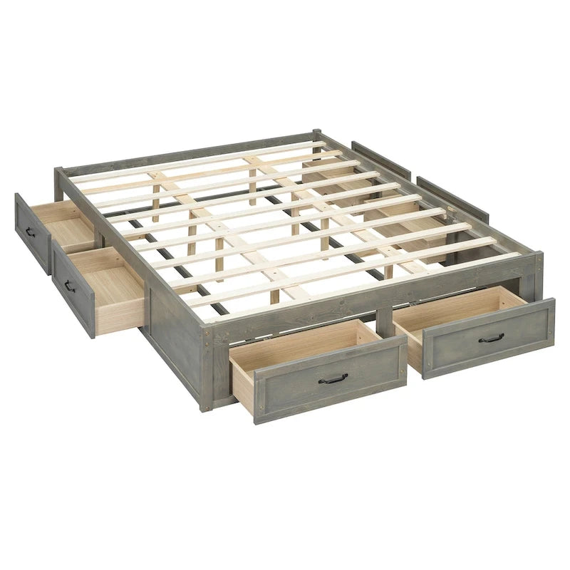 Queen Size Platform Bed with 6 Storage Drawers, Antique White