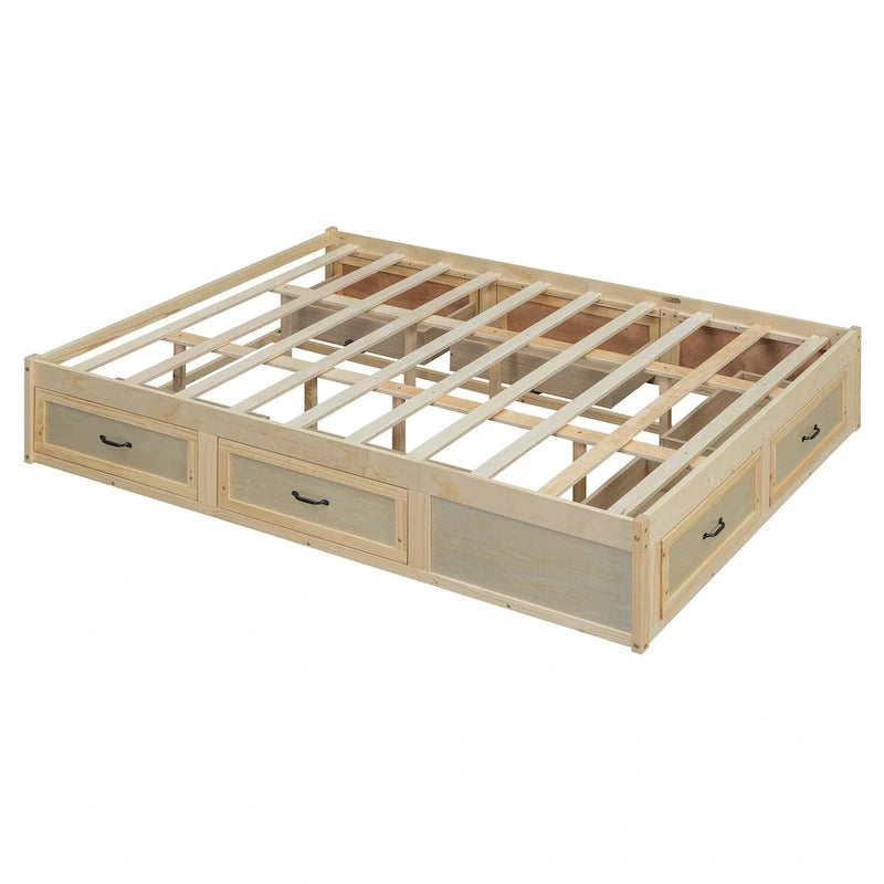 Queen Size Platform Bed with 6 Storage Drawers, Antique White