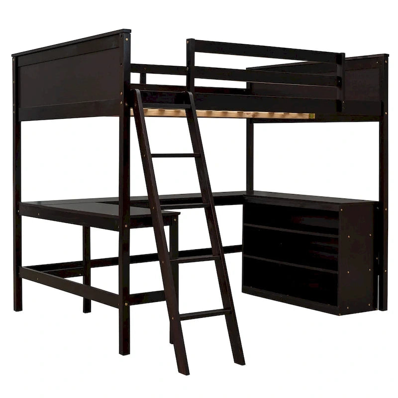 Full size Loft Bed with Shelves and Desk, Wooden Loft Bed with Desk