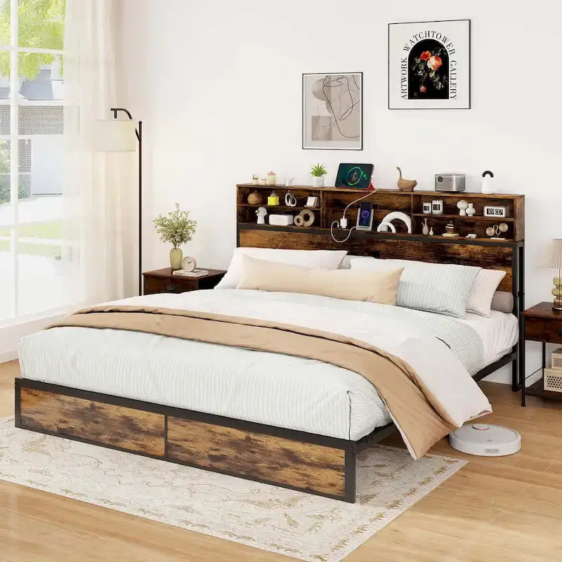 Costway Twin/Full/Queen/King Bed Frame with Charging Station Storage