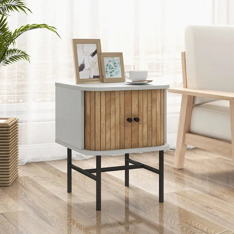 Costway Sliding Door Nightstand Mid-century Modern Storage End Table