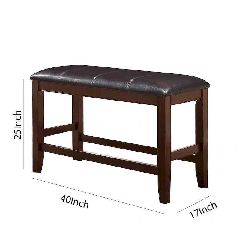 Wooden Counter Height Bench with Leatherette Seat, Brown and Black