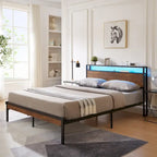 King Size Modern Metal Platform Bed with Wooden Headboard and LED Lights for Bedroom