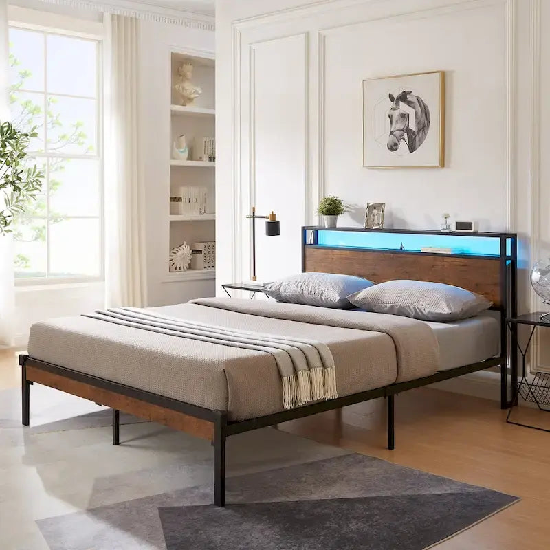 King Size Modern Metal Platform Bed with Wooden Headboard and LED Lights for Bedroom
