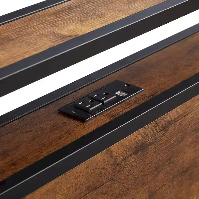 King Size Modern Metal Platform Bed with Wooden Headboard and LED Lights for Bedroom