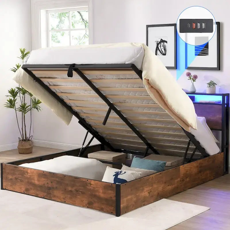 Wooden Platform Bed with Bookcase Headboard,Charging Station and LED Lights