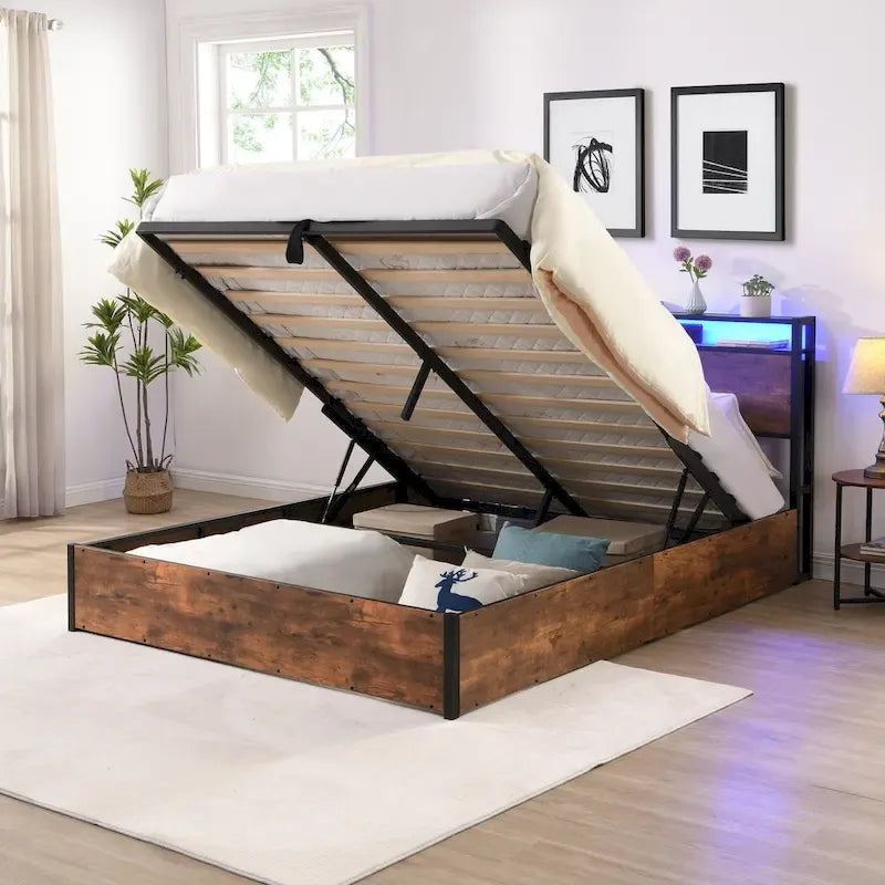 Wooden Platform Bed with Bookcase Headboard,Charging Station and LED Lights
