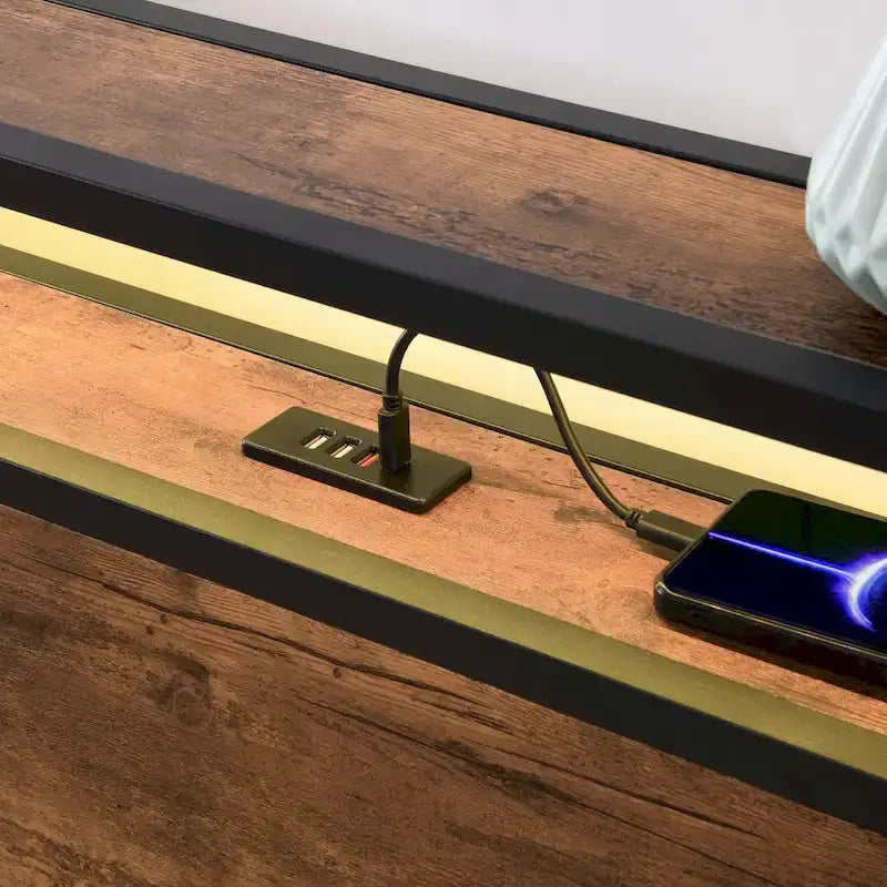 Wooden Platform Bed with Bookcase Headboard,Charging Station and LED Lights