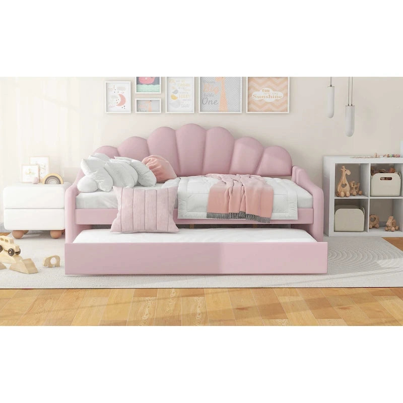 Full Size Upholstered Daybed with Shell Backrest and Trundle