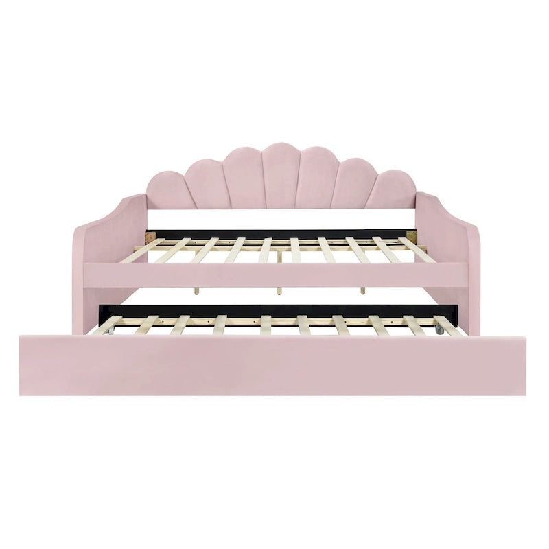 Full Size Upholstered Daybed with Shell Backrest and Trundle