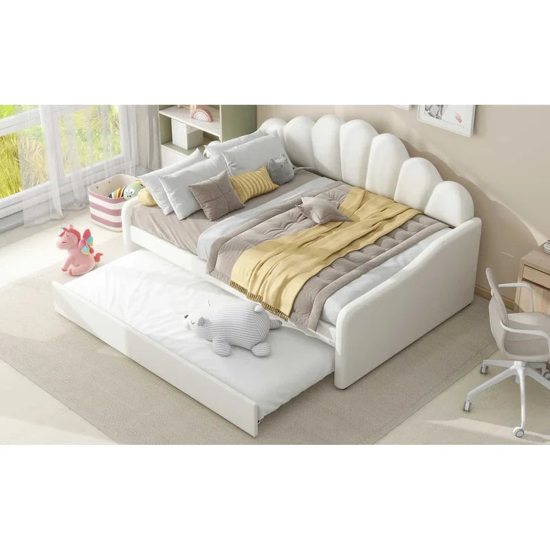 Full Size Upholstered Daybed with Shell Backrest and Trundle