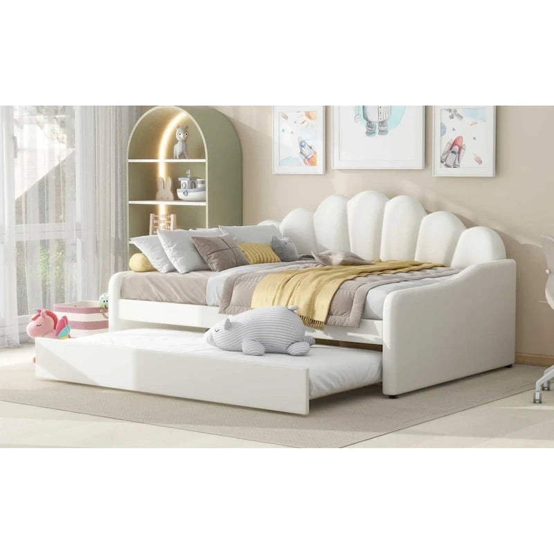 Full Size Upholstered Daybed with Shell Backrest and Trundle