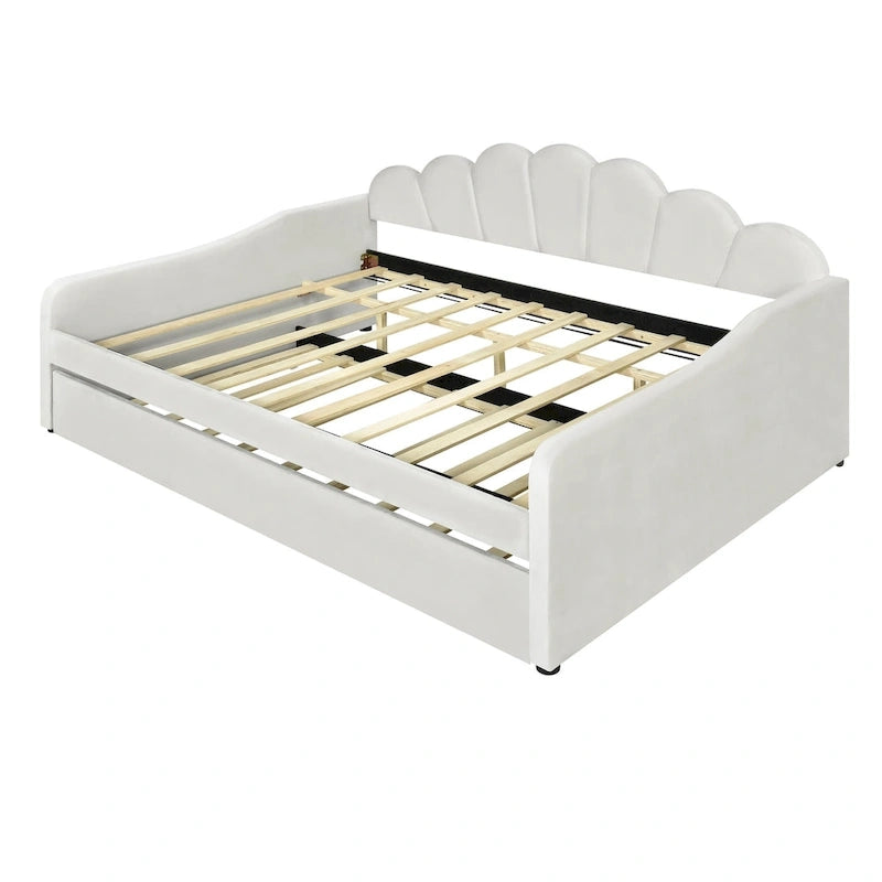 Full Size Upholstered Daybed with Shell Backrest and Trundle